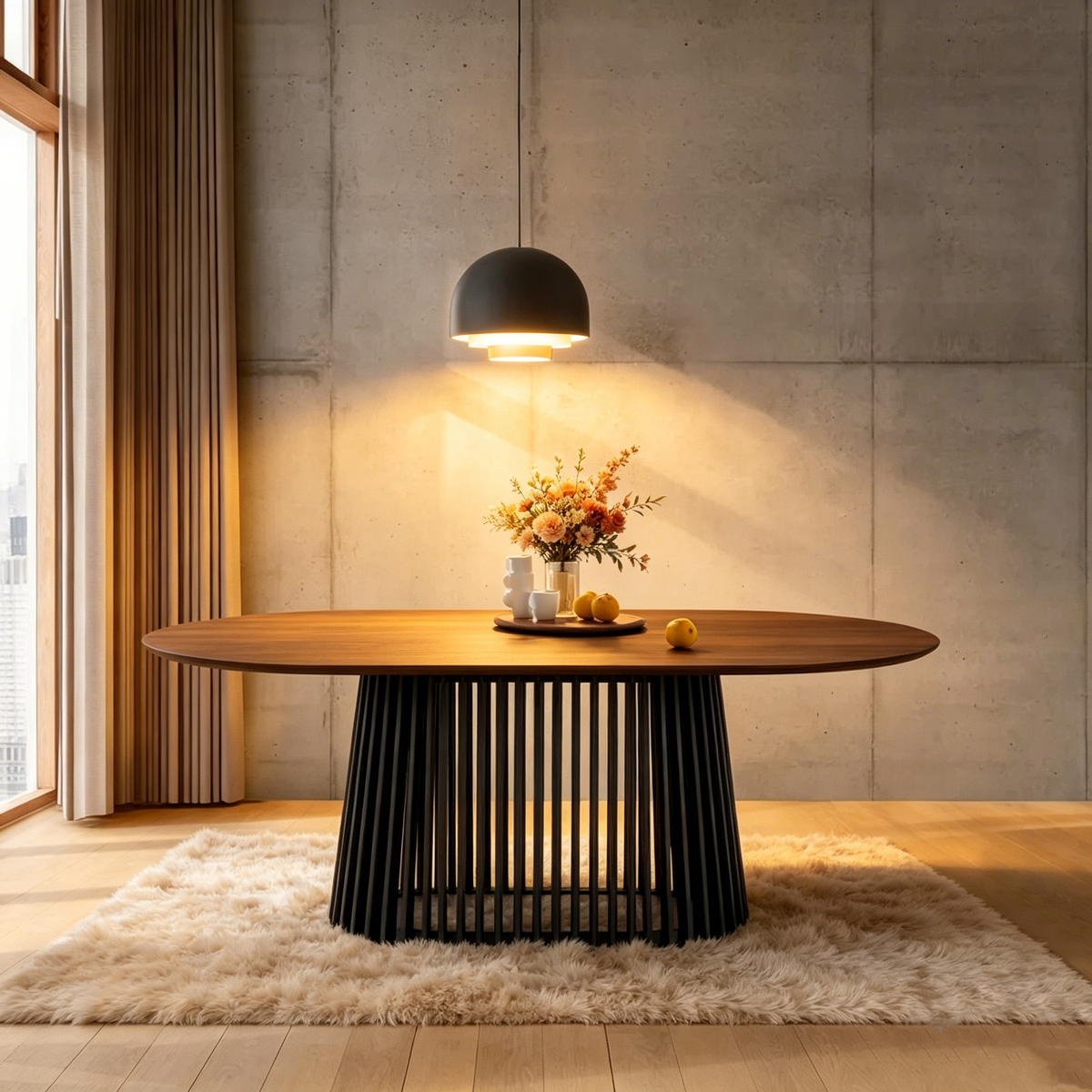 Solid Wood Oval Dining Table with Slatted Pedestal Base
