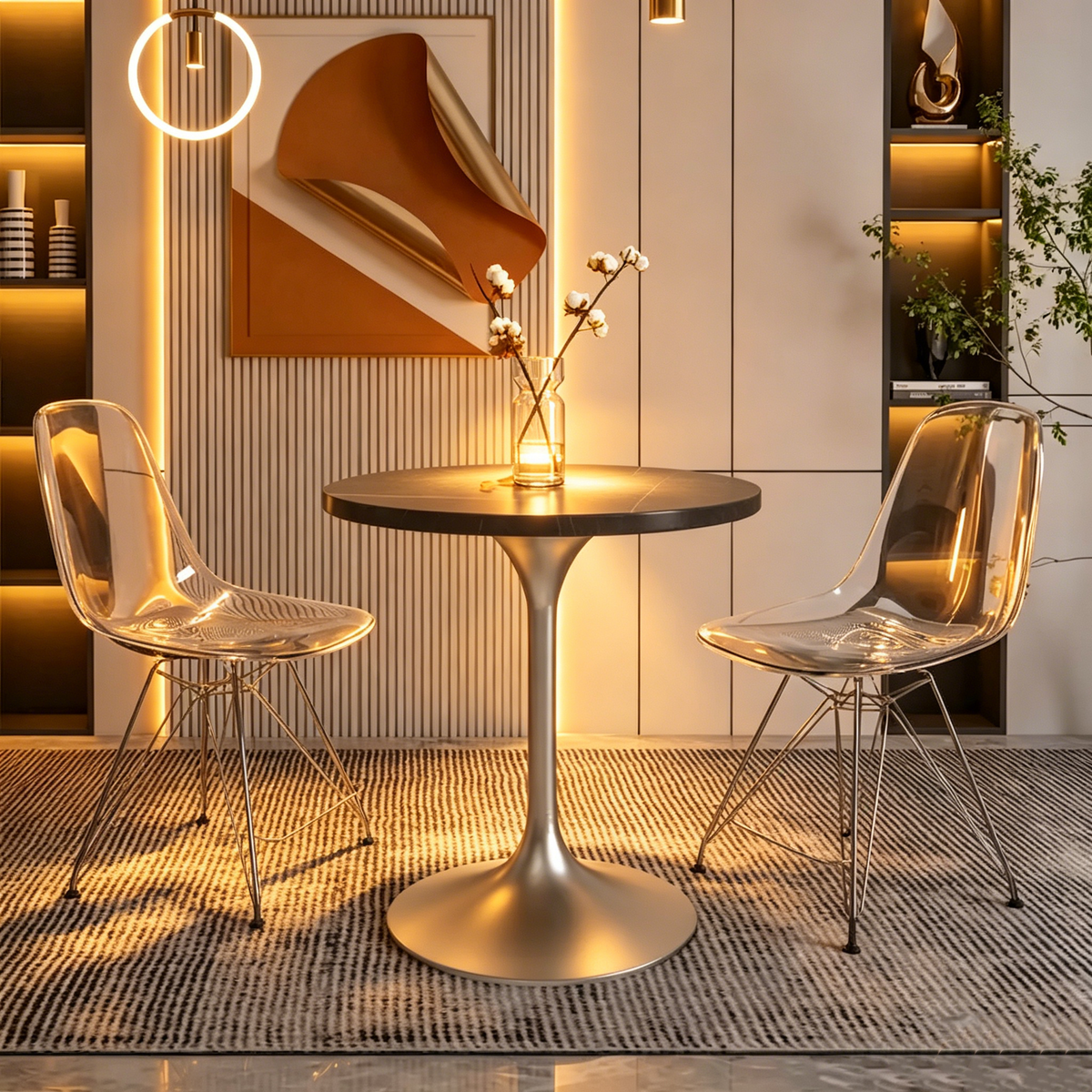 Round Dining Table with Stone TableTop and Brushed Chrome Base
