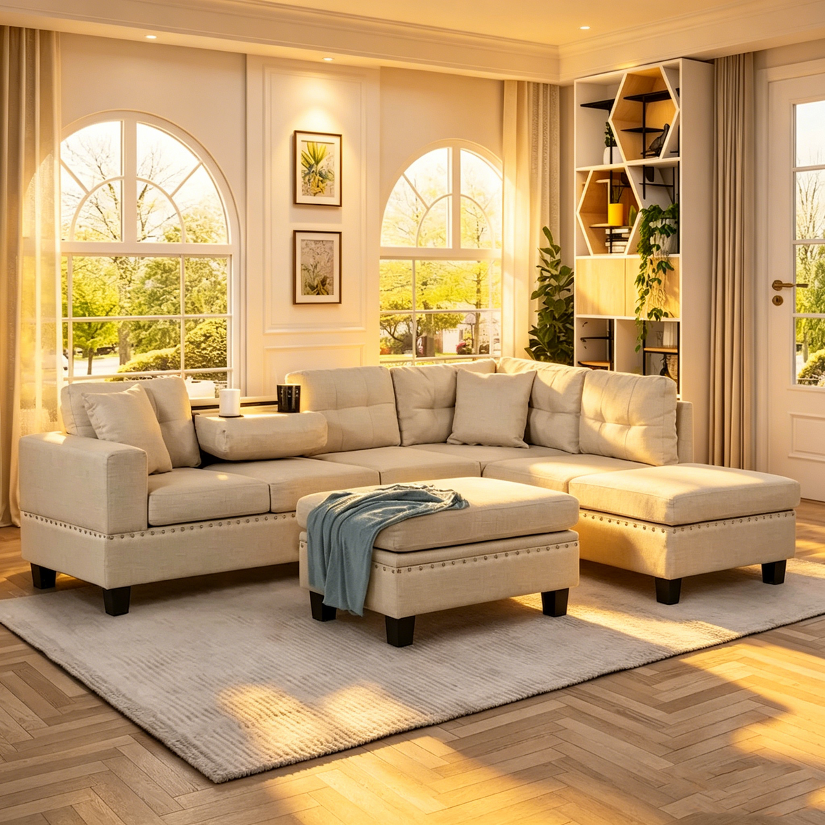 L-förmiges modernes 7-Sitzer-Sofa mit umkehrbarer Recamiere