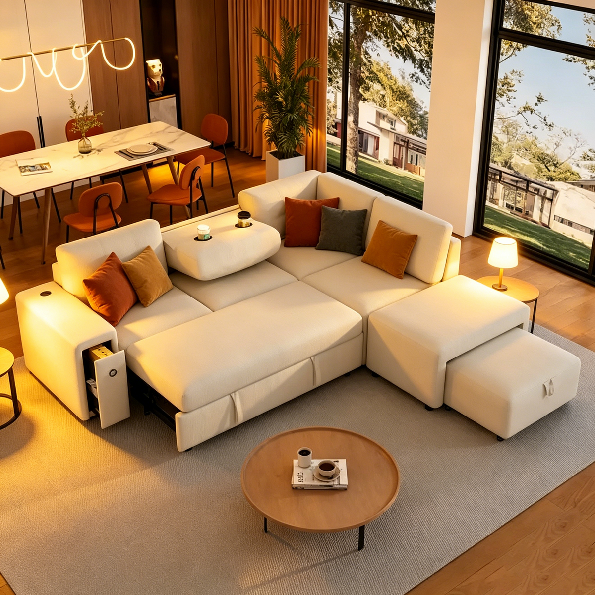 L-Shaped Pull-Out Sofa Bed with Movable Ottoman, Two USB Ports