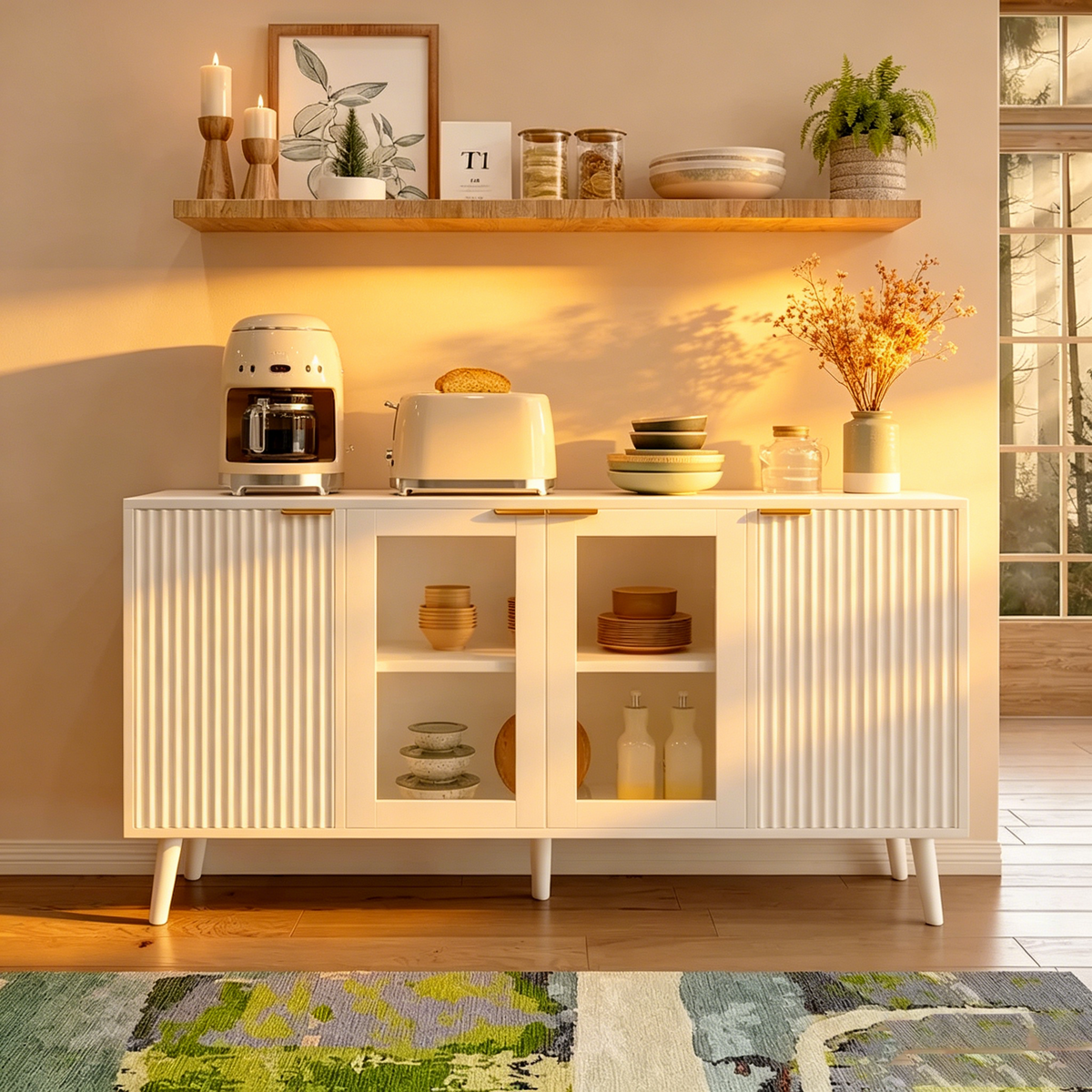 Buffet Table Kitchen Sideboard with Glass Doors