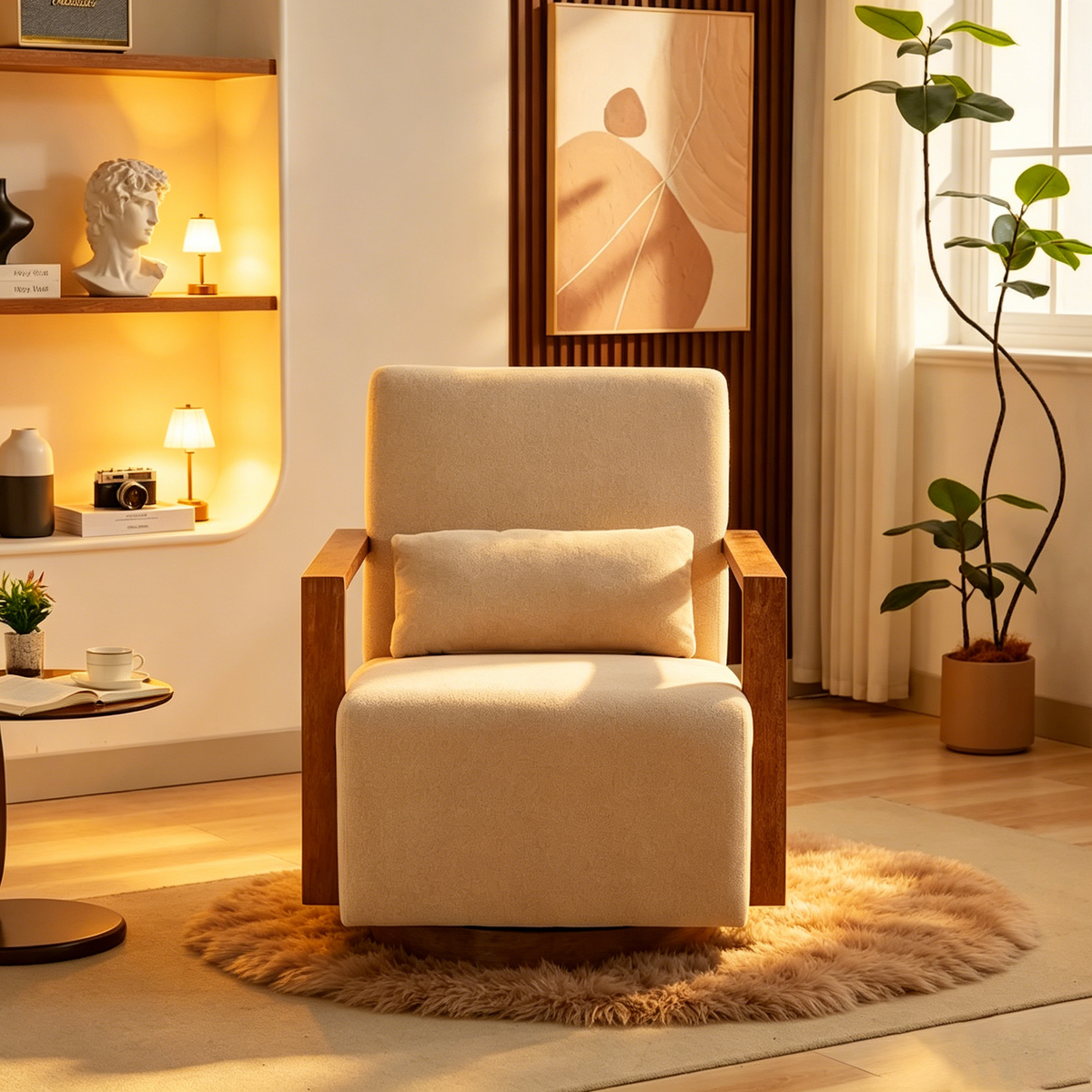 360 Degree Swivel Accent Chair with Solid Wood Armrest and Base