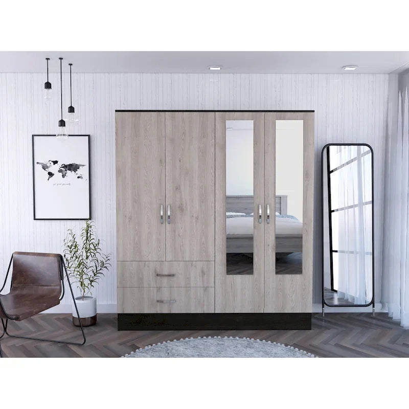 Armoire with 9 Shelves, 2 Cabinets, Mirrors, 2 Drawers, and Rod