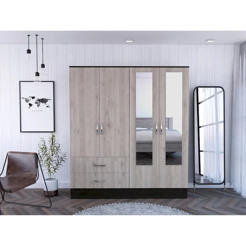 Bolton 160 Armoire with 9 Shelves, 2 Cabinets, Mirrors, 2 Drawers, and Rod - N/A