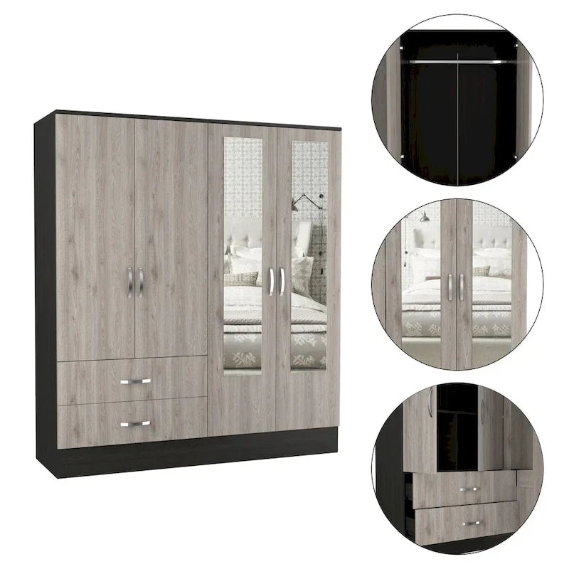 Armoire avec 9 étagères, 2 placards, miroirs, 2 tiroirs et une tringle