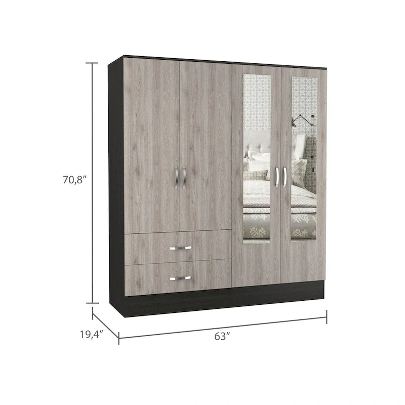 Armoire with 9 Shelves, 2 Cabinets, Mirrors, 2 Drawers, and Rod