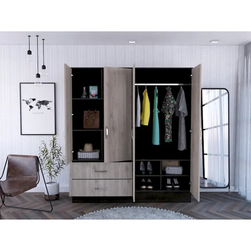 Armoire with 9 Shelves, 2 Cabinets, Mirrors, 2 Drawers, and Rod