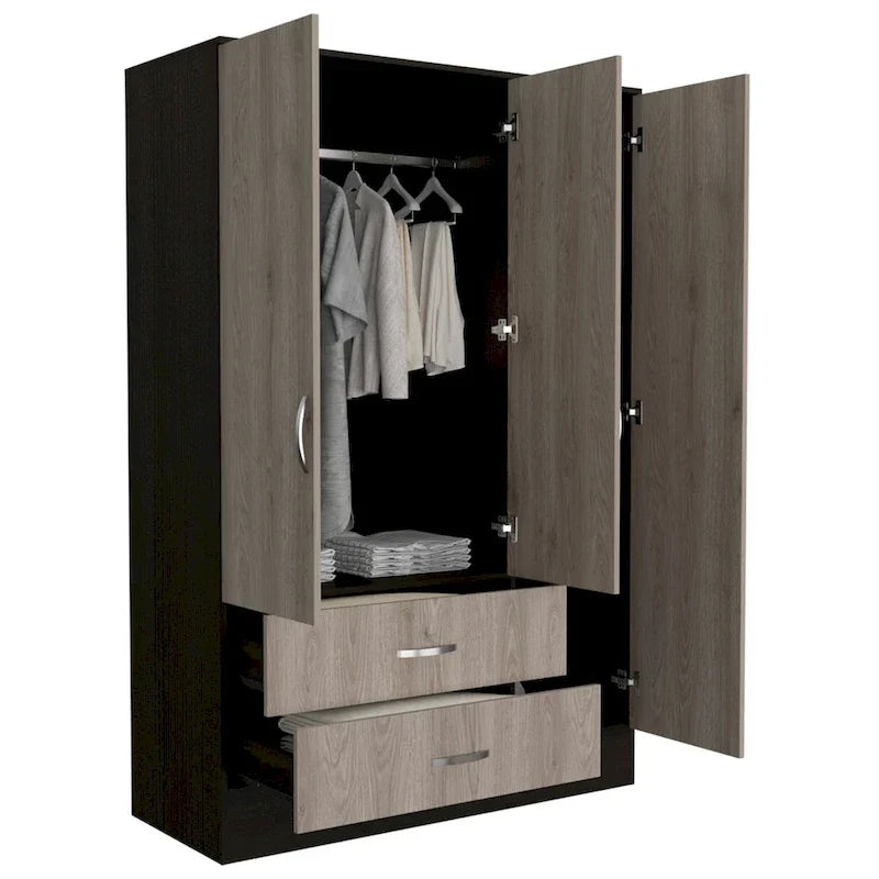 Armoire avec 9 étagères, 2 placards, miroirs, 2 tiroirs et une tringle