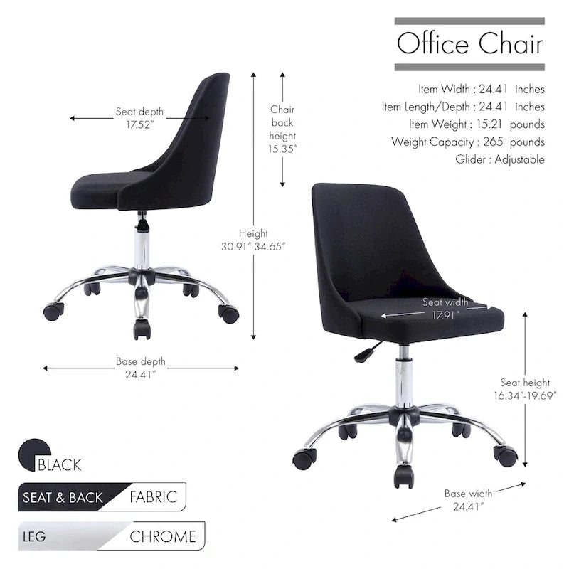 Silla de oficina tapizada en tela con base cromada