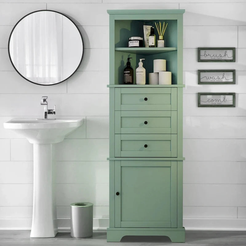 Armoire haute triangulaire avec 3 tiroirs et étagères réglables pour salle de bains,