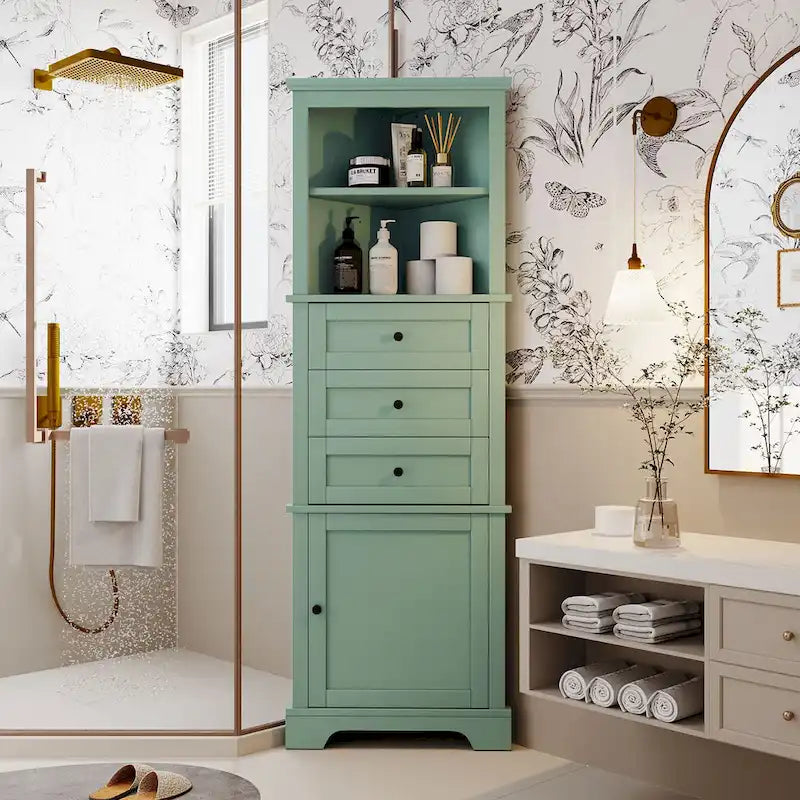 Armoire haute triangulaire avec 3 tiroirs et étagères réglables pour salle de bains,
