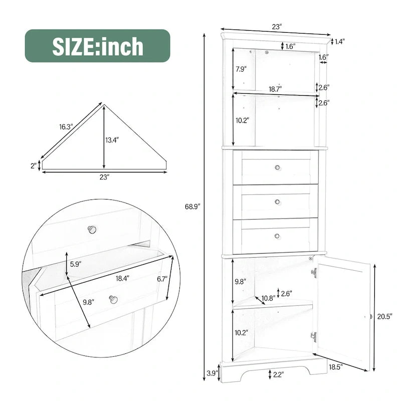 Armoire haute triangulaire avec 3 tiroirs et étagères réglables pour salle de bains,