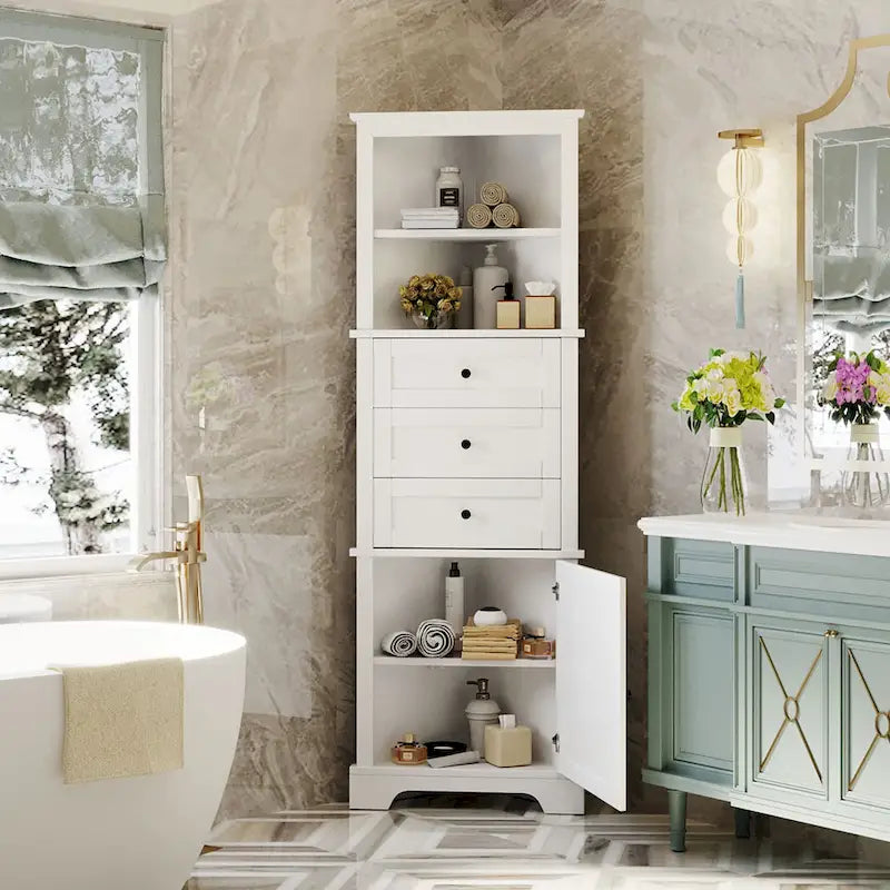 Armoire haute triangulaire avec 3 tiroirs et étagères réglables pour salle de bains,
