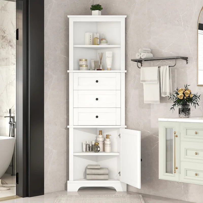 Armoire haute triangulaire avec 3 tiroirs et étagères réglables pour salle de bains,