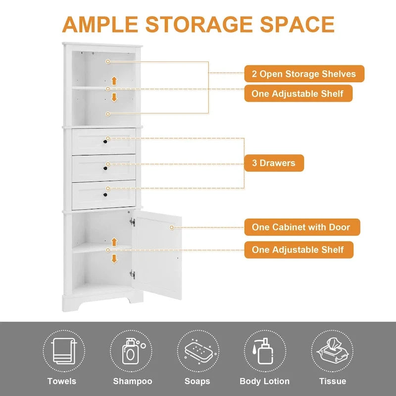 Armoire haute triangulaire avec 3 tiroirs et étagères réglables pour salle de bains,