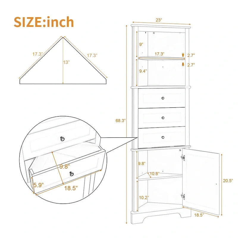 Armoire haute triangulaire avec 3 tiroirs et étagères réglables pour salle de bains,