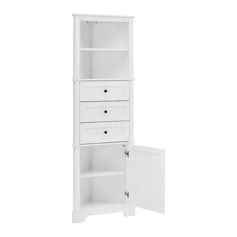 Armoire haute triangulaire avec 3 tiroirs et étagères réglables pour salle de bains,