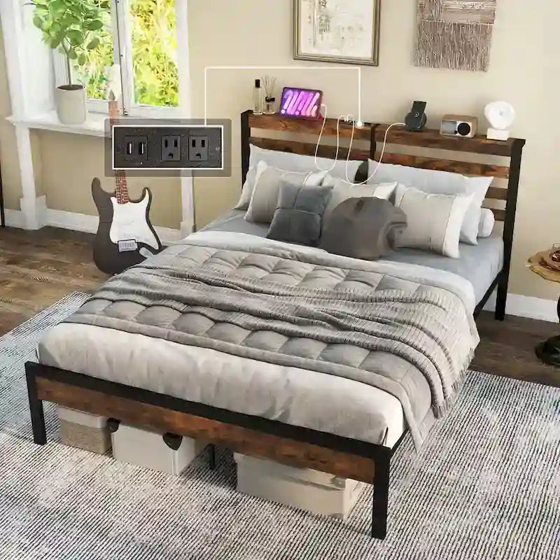 Lndustrial Metal Platform Bed Frame Charging Station