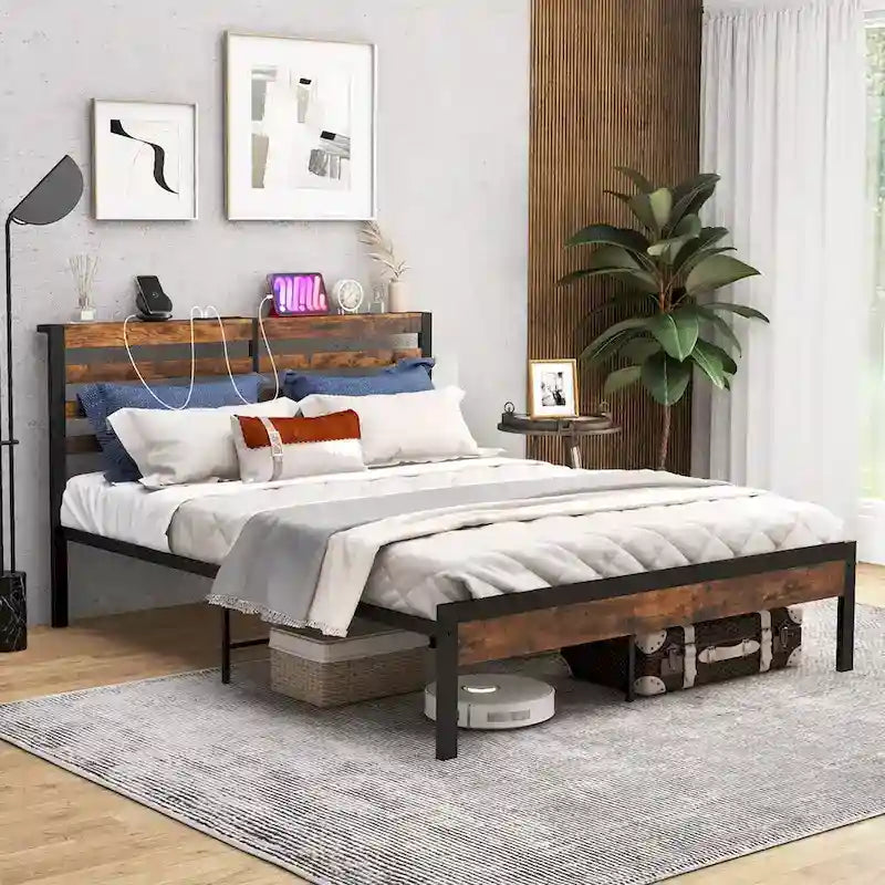 Lndustrial Metal Platform Bed Frame Charging Station