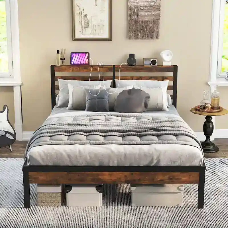 Lndustrial Metal Platform Bed Frame Charging Station