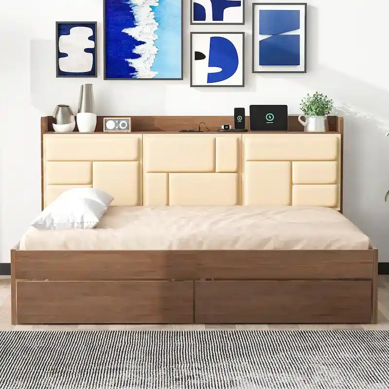 Full Size Wood Daybed with USB Ports and Drawers