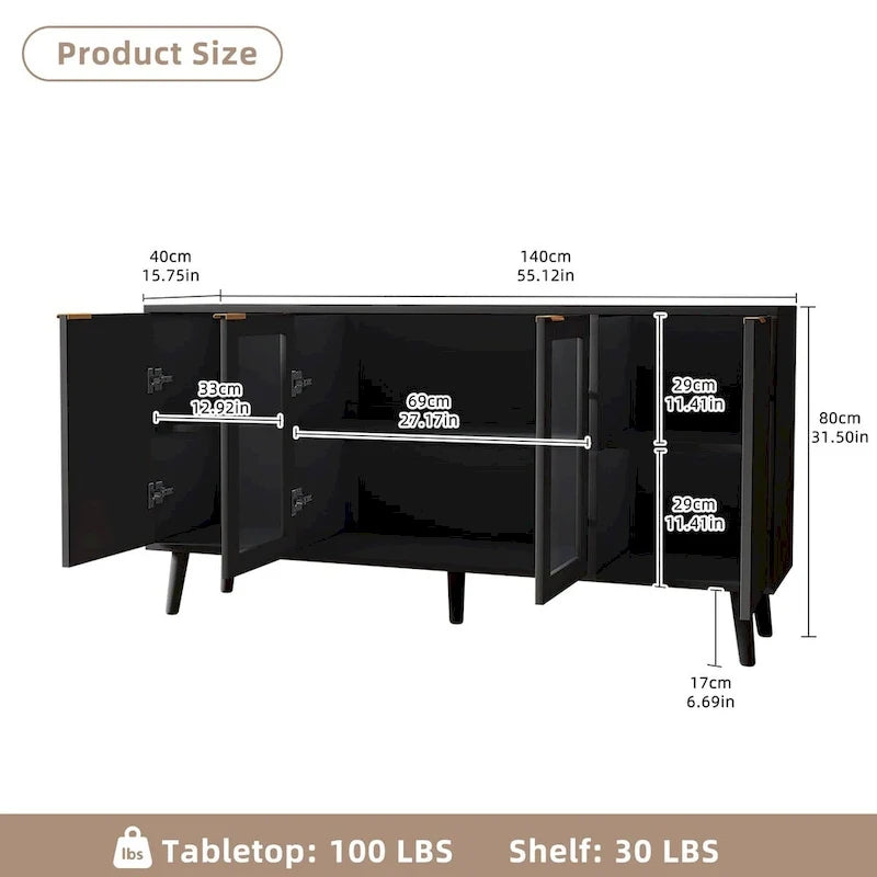 Buffet Table Kitchen Sideboard with Glass Doors