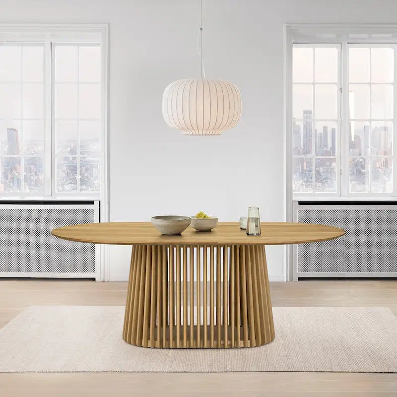 Solid Wood Oval Dining Table with Slatted Pedestal Base
