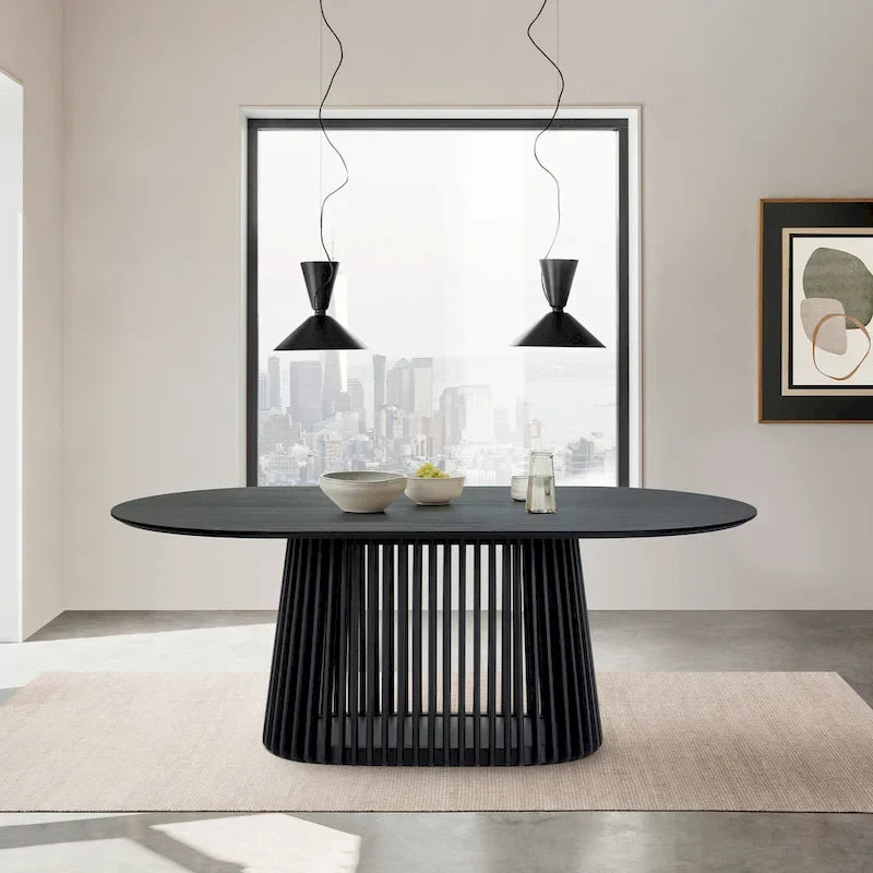 Solid Wood Oval Dining Table with Slatted Pedestal Base