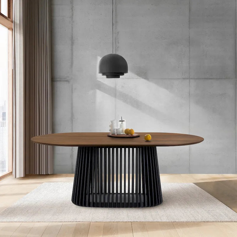 Solid Wood Oval Dining Table with Slatted Pedestal Base