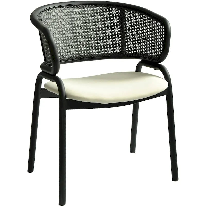 Silla de comedor moderna tapizada, con cómodo diseño de sillón y patas de hierro negro