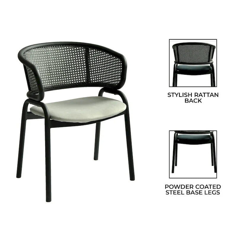 Silla de comedor moderna tapizada, con cómodo diseño de sillón y patas de hierro negro