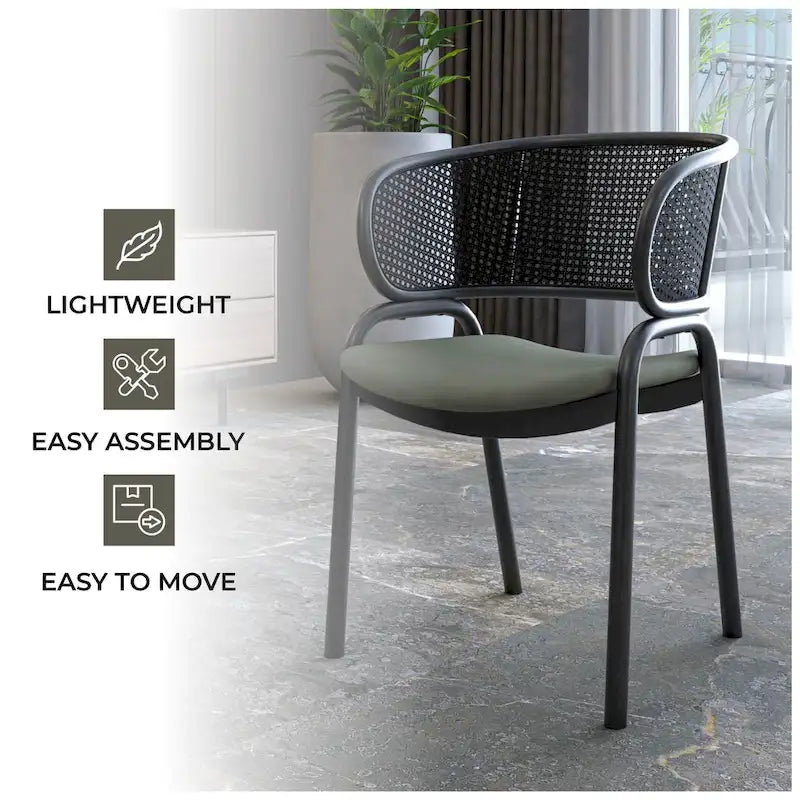 Silla de comedor moderna tapizada, con cómodo diseño de sillón y patas de hierro negro