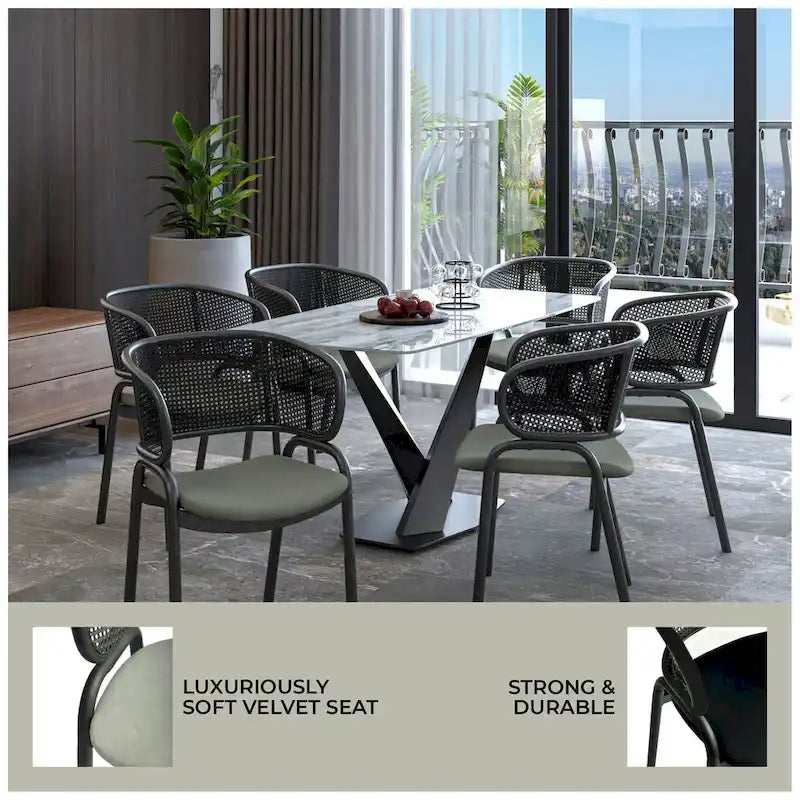 Silla de comedor moderna tapizada, con cómodo diseño de sillón y patas de hierro negro
