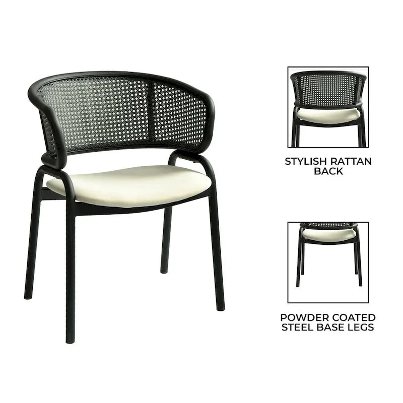 Silla de comedor moderna tapizada, con cómodo diseño de sillón y patas de hierro negro