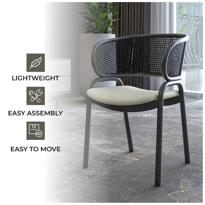 Silla de comedor moderna tapizada, con cómodo diseño de sillón y patas de hierro negro