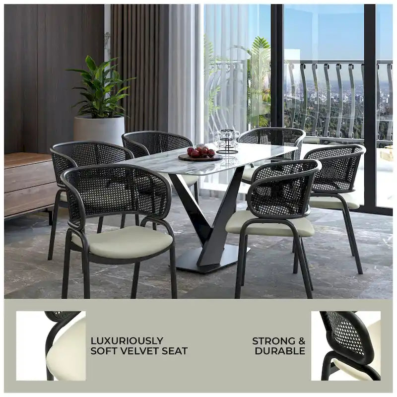 Silla de comedor moderna tapizada, con cómodo diseño de sillón y patas de hierro negro