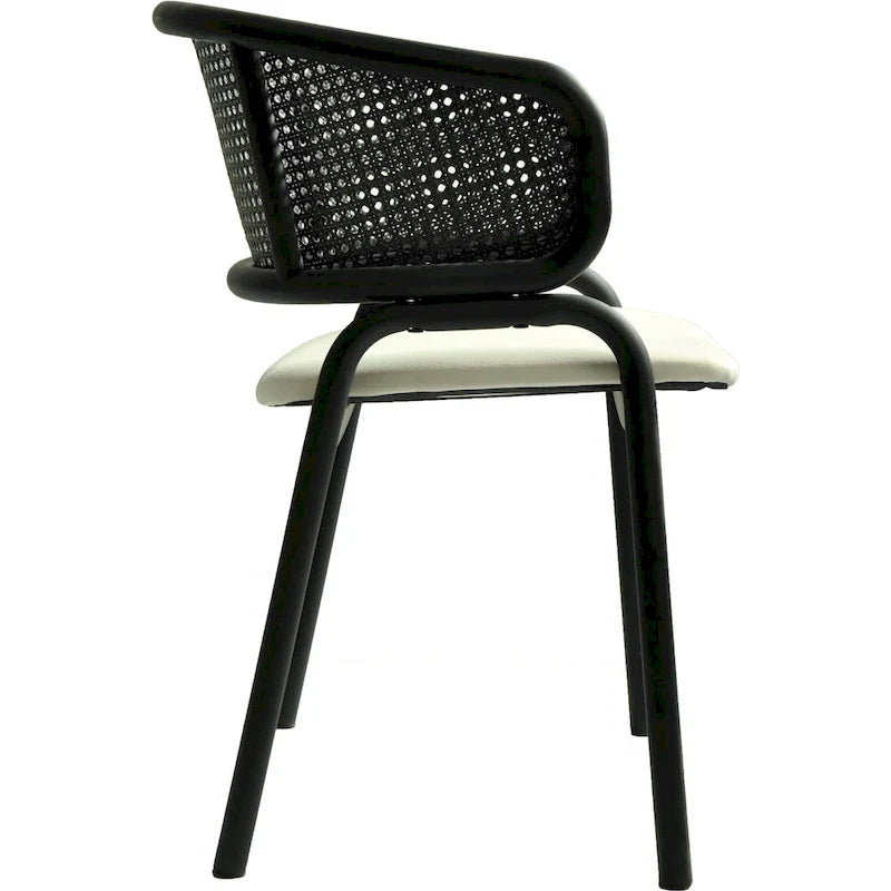 Silla de comedor moderna tapizada, con cómodo diseño de sillón y patas de hierro negro