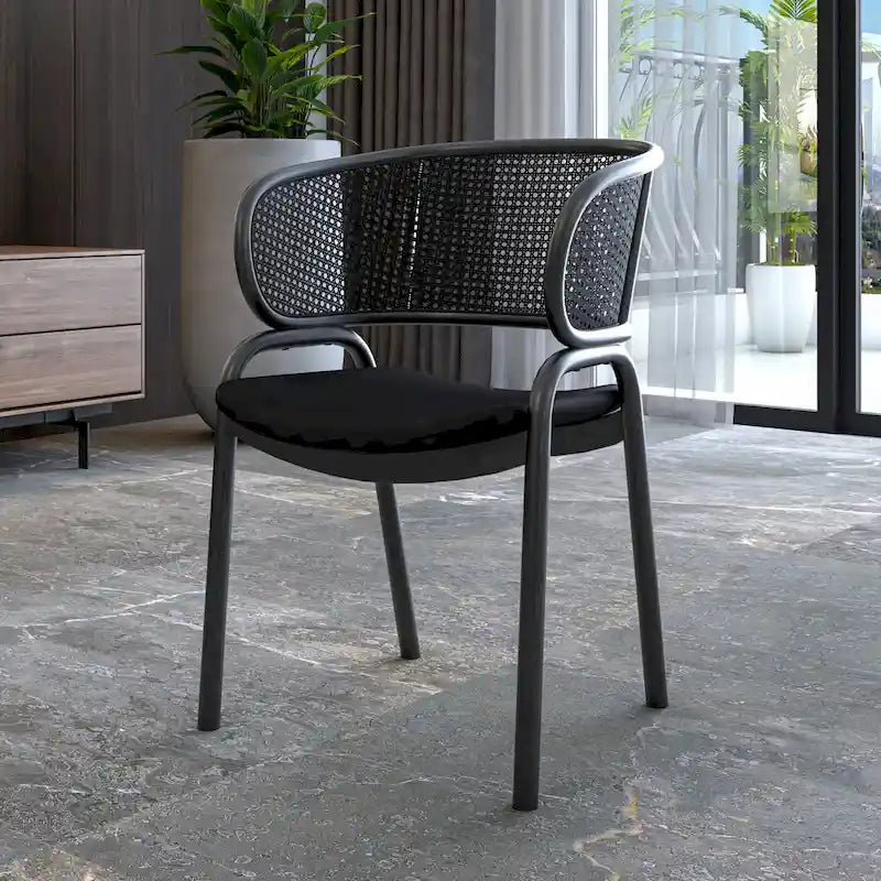 Silla de comedor moderna tapizada, con cómodo diseño de sillón y patas de hierro negro