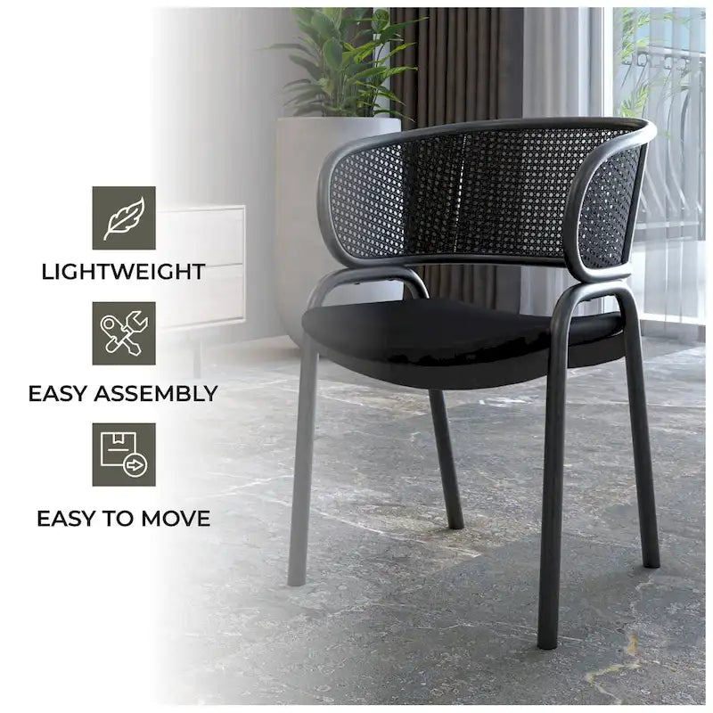 Silla de comedor moderna tapizada, con cómodo diseño de sillón y patas de hierro negro