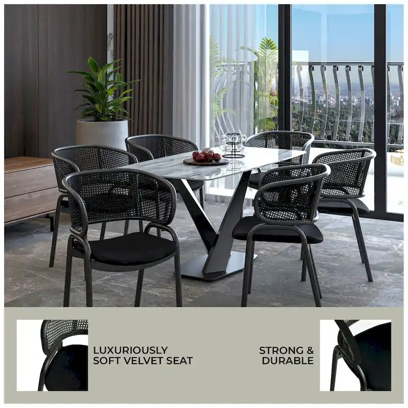 Silla de comedor moderna tapizada, con cómodo diseño de sillón y patas de hierro negro