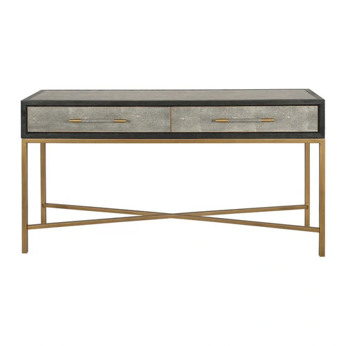 Macari Miki Art Deco Solid Wood AndVegan Leather Shagreen With Brass Accents Console Table - 59W x 16D x 32.3H