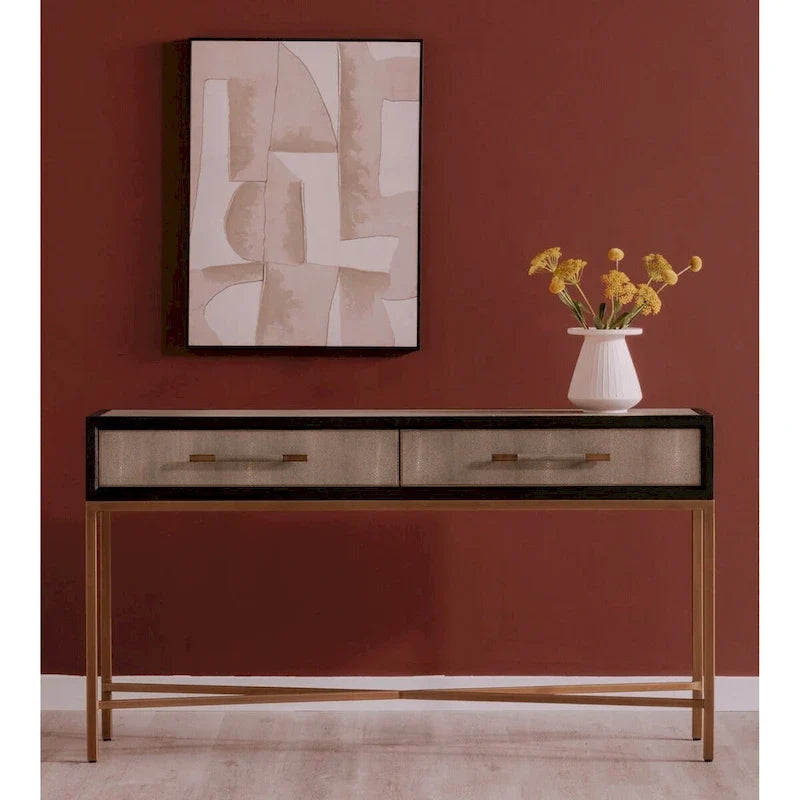 Art Deco Solid Wood AndVegan Leather Shagreen With Brass Accents Console Table