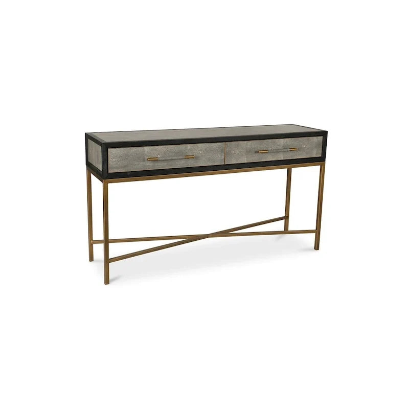 Art Deco Solid Wood AndVegan Leather Shagreen With Brass Accents Console Table