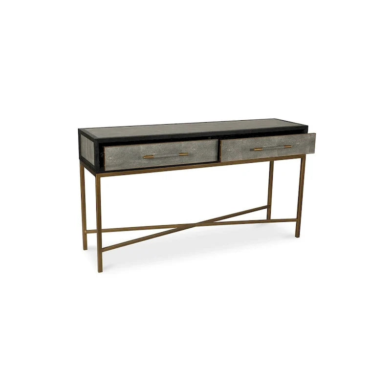 Art Deco Solid Wood AndVegan Leather Shagreen With Brass Accents Console Table