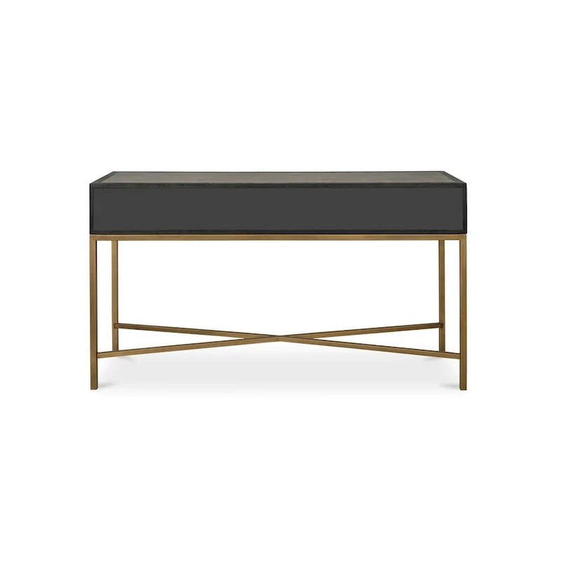 Art Deco Solid Wood AndVegan Leather Shagreen With Brass Accents Console Table