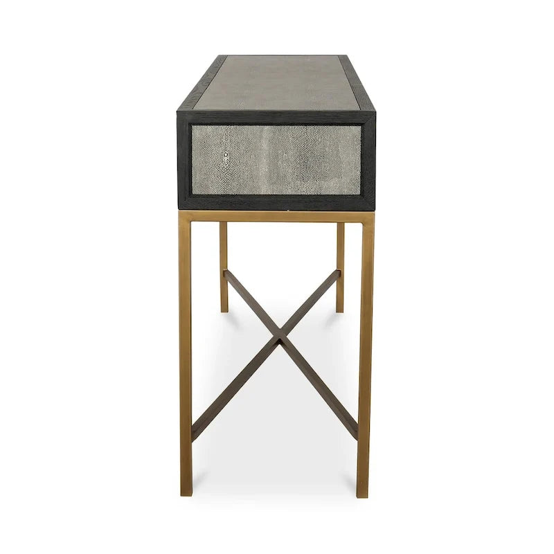 Art Deco Solid Wood AndVegan Leather Shagreen With Brass Accents Console Table