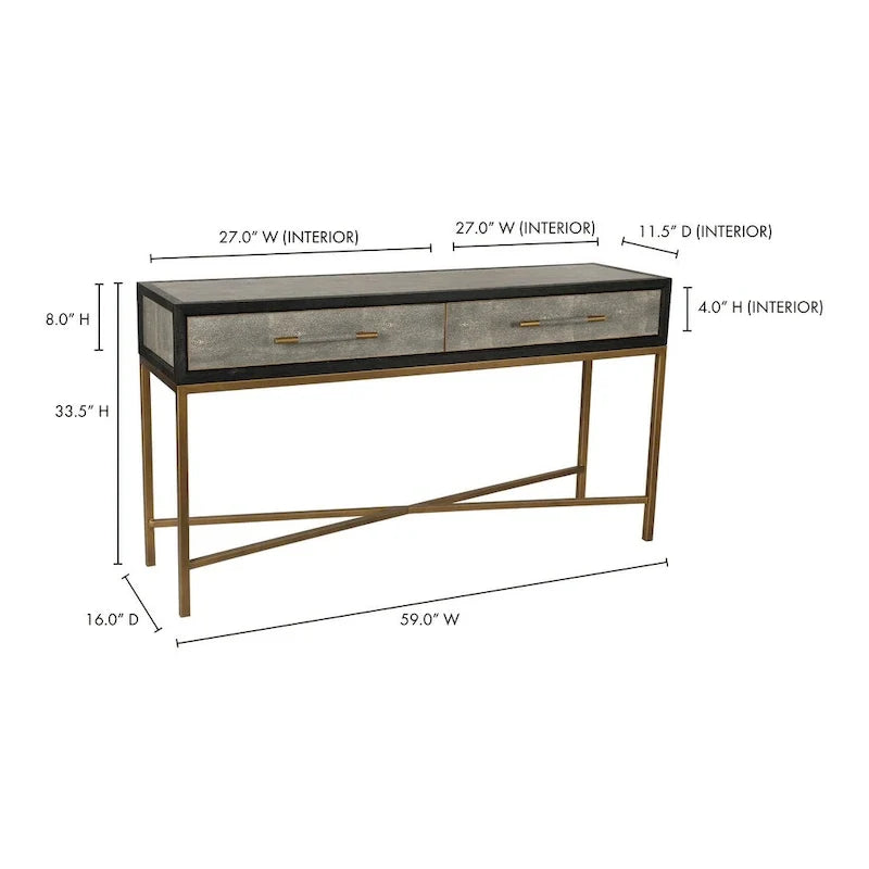 Art Deco Solid Wood AndVegan Leather Shagreen With Brass Accents Console Table